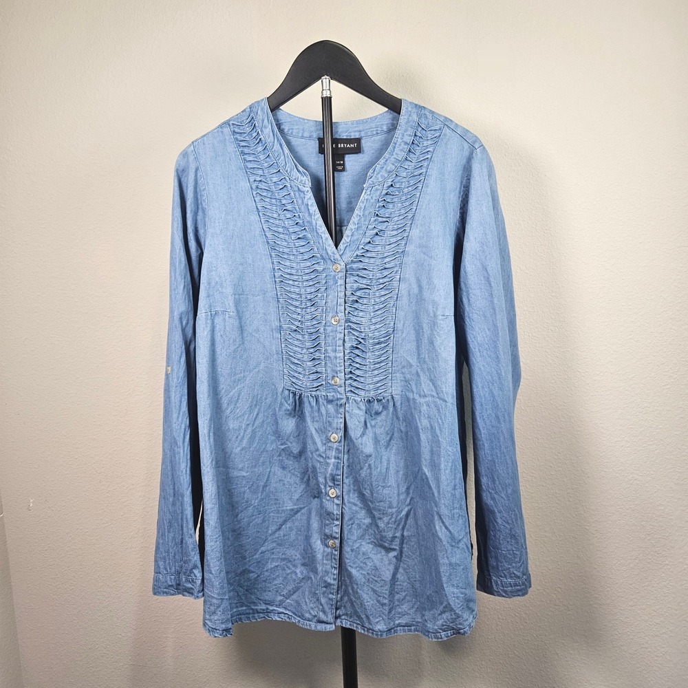 Lane Bryant Tunic Women 14/16 Blue Pintuck Chambray Cotton Boho Casual Blouse